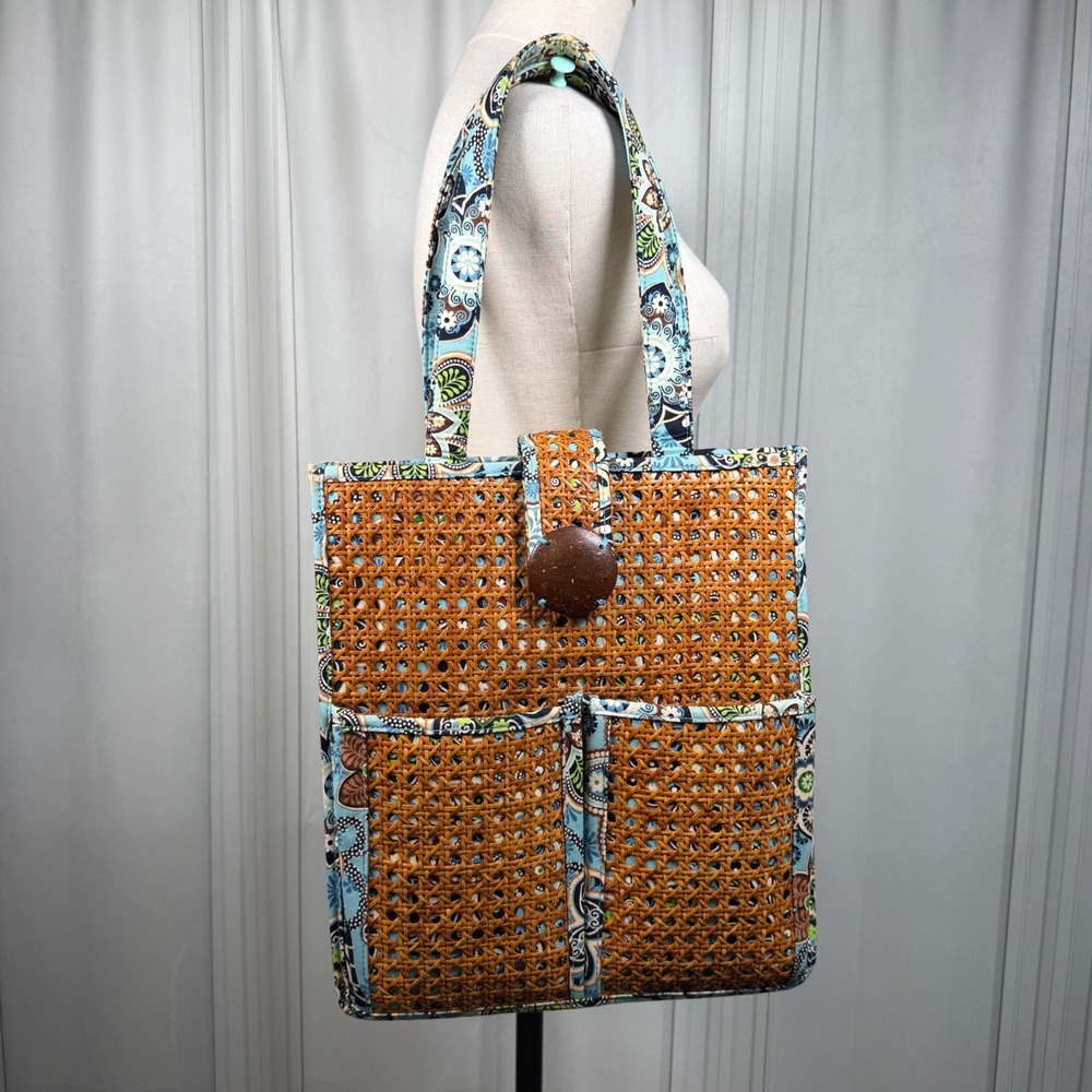 Vera Bradley Bali Blue Tiki Tote‎ Rattan Straw Beach Bag Retired 2009